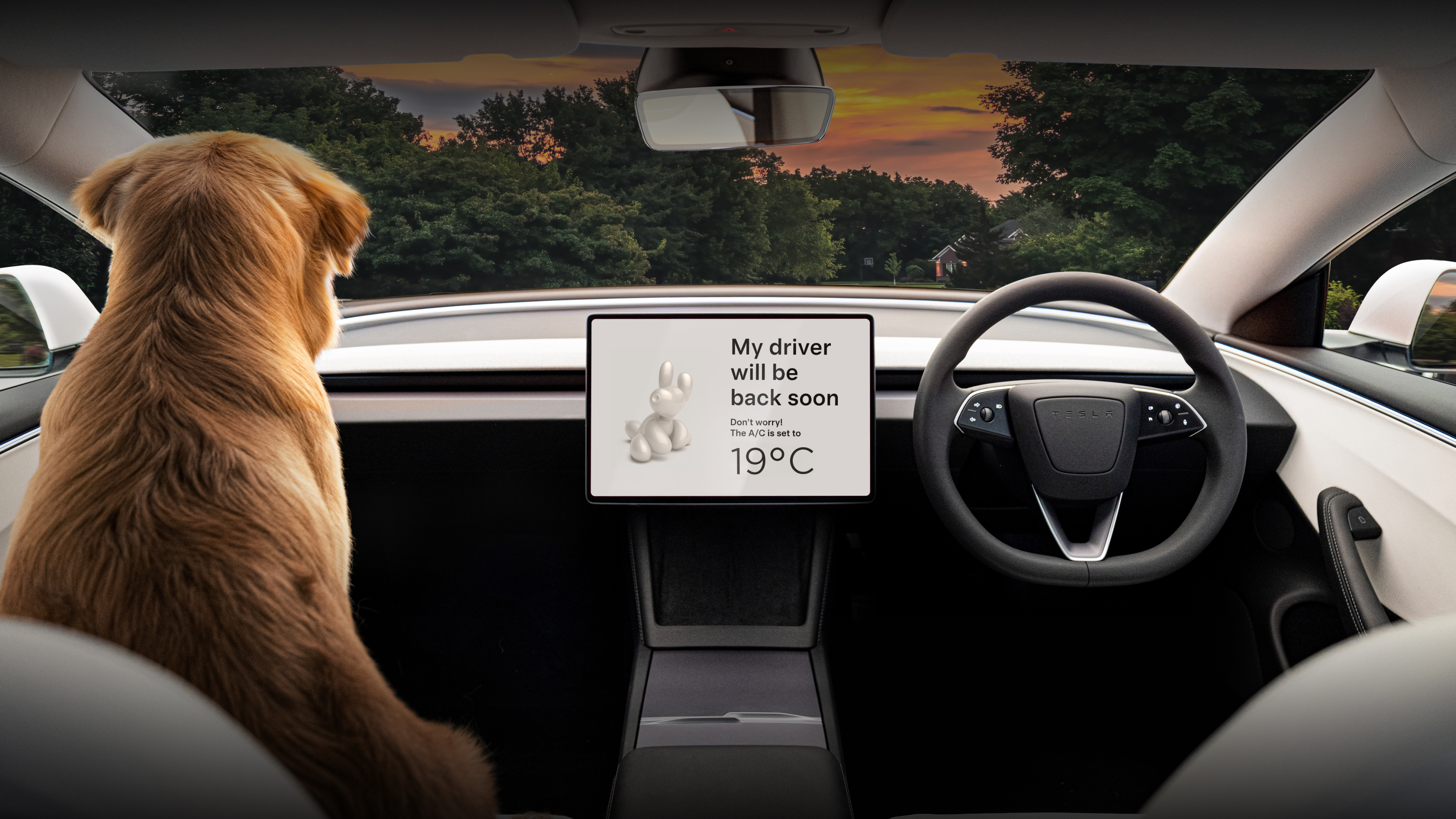 Center touchscreen displaying 'My driver will be back soon' with a golden retriever on the shotgun seat.