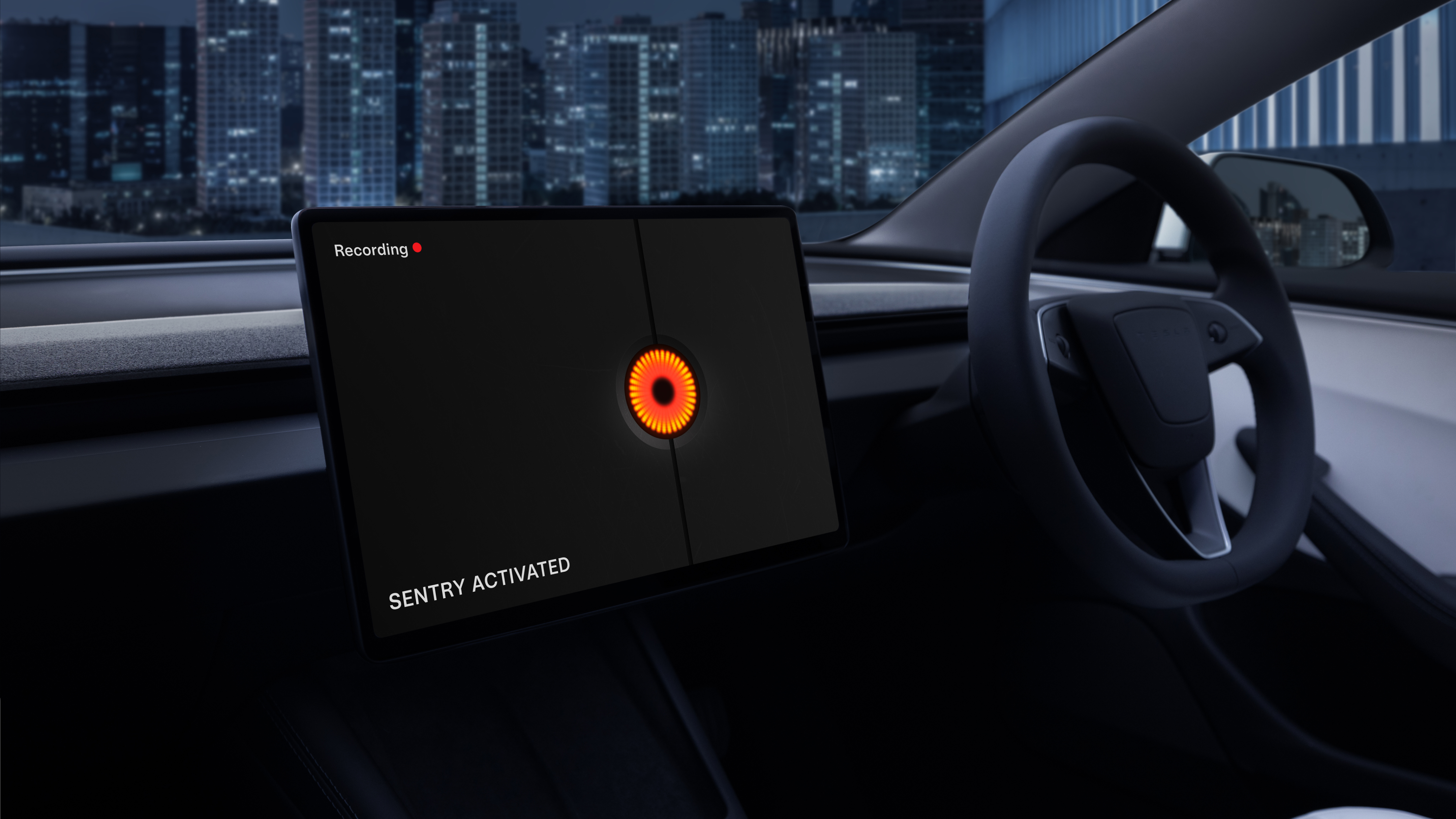 Center touchscreen displaying 'Sentry Activated' and recording.